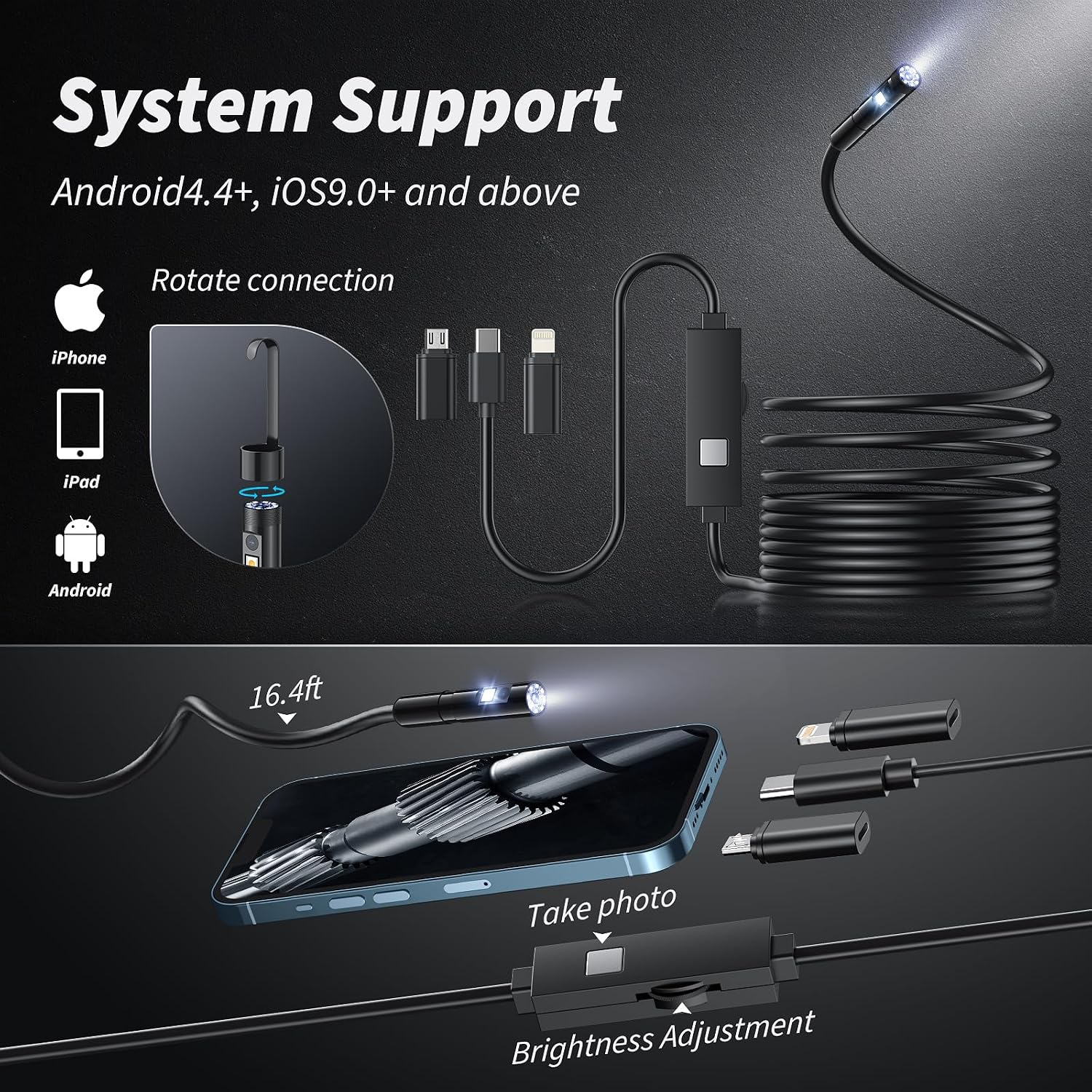 Endoscope Camera with Light, 1920P HD Bore Scope Borescope with 8 Lights, Waterproof 16.4FT Semi-Rigid Cord for Pipe Inspection, Industrial Endoscope for Phones(Dual Lens)