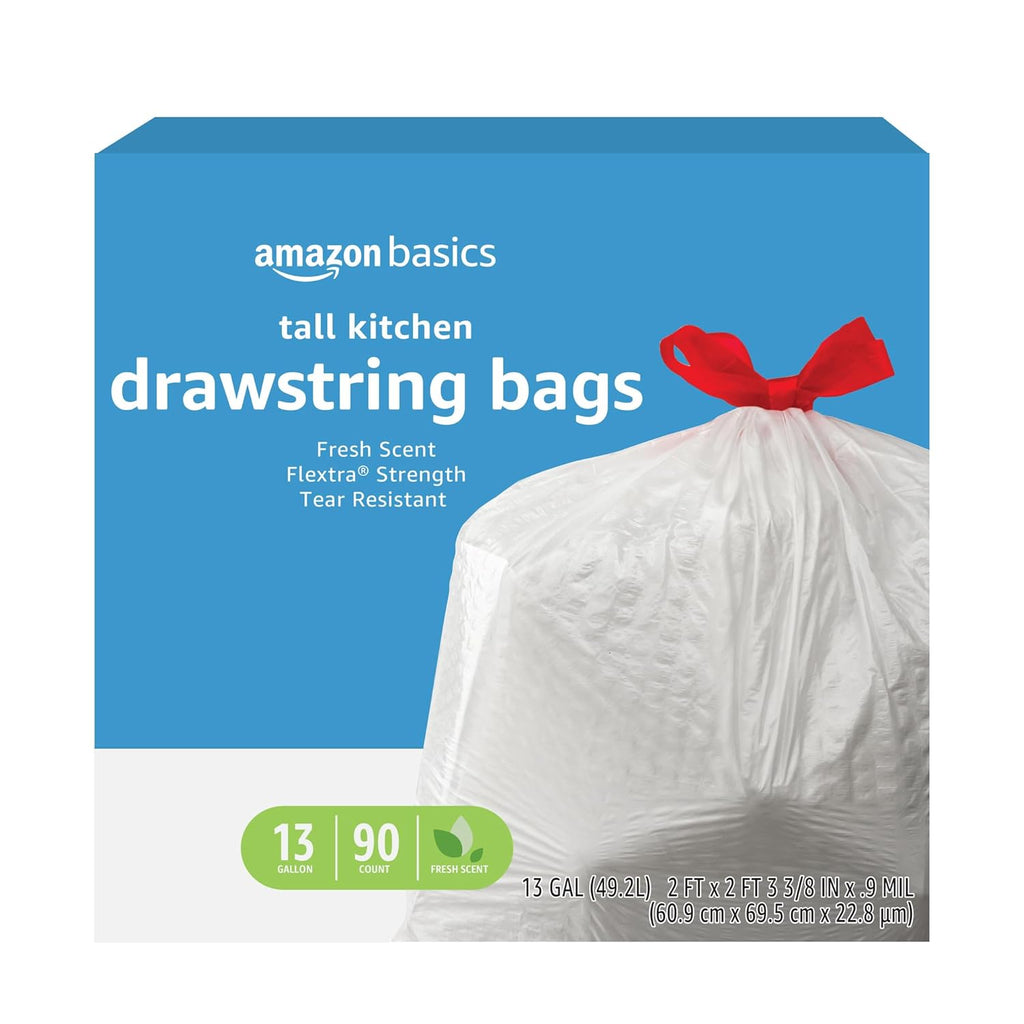 Flextra Strength Tall Kitchen Drawstring Trash Bags, Fresh Scent, Tear Resistant, 13 Gallon, 50 Count