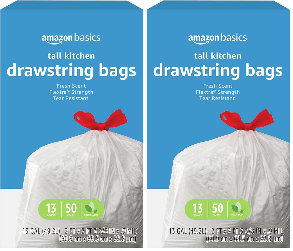 Flextra Strength Tall Kitchen Drawstring Trash Bags, Fresh Scent, Tear Resistant, 13 Gallon, 50 Count