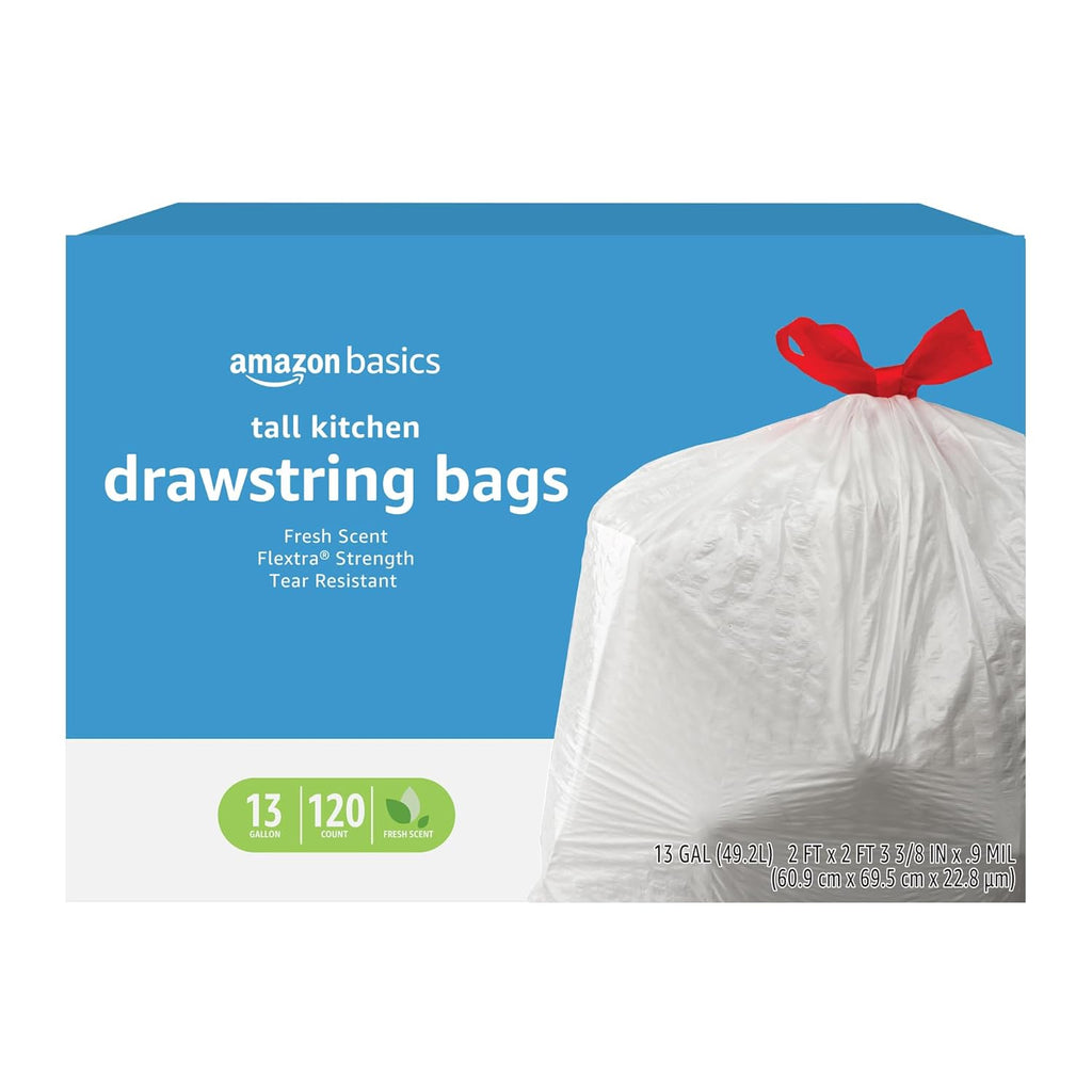 Flextra Strength Tall Kitchen Drawstring Trash Bags, Fresh Scent, Tear Resistant, 13 Gallon, 50 Count
