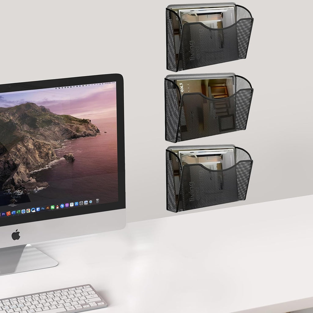 3 Pack Wall File Organizer, Mesh Wall File Pocket Mail Organizer Hanging Metal Vertical Wall Mounted File Holder for Office/Home