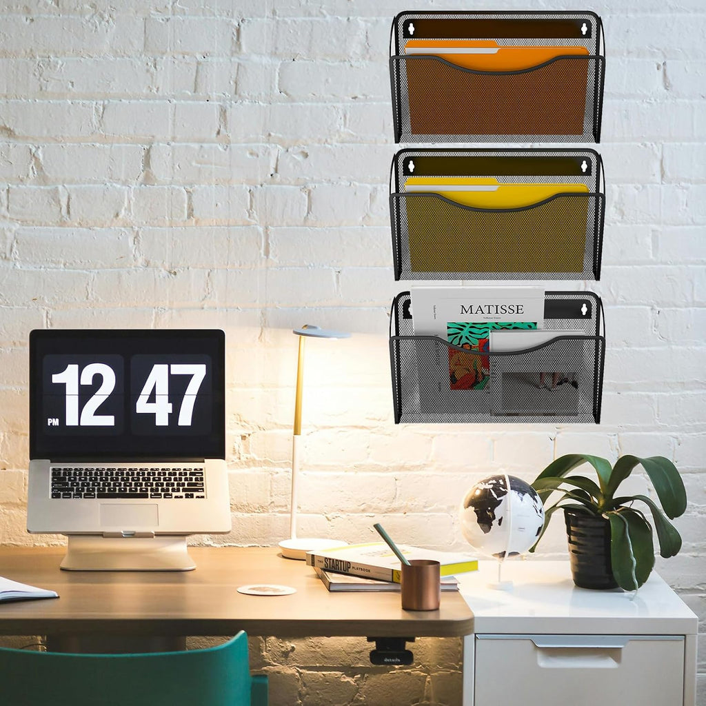 3 Pack Wall File Organizer, Mesh Wall File Pocket Mail Organizer Hanging Metal Vertical Wall Mounted File Holder for Office/Home