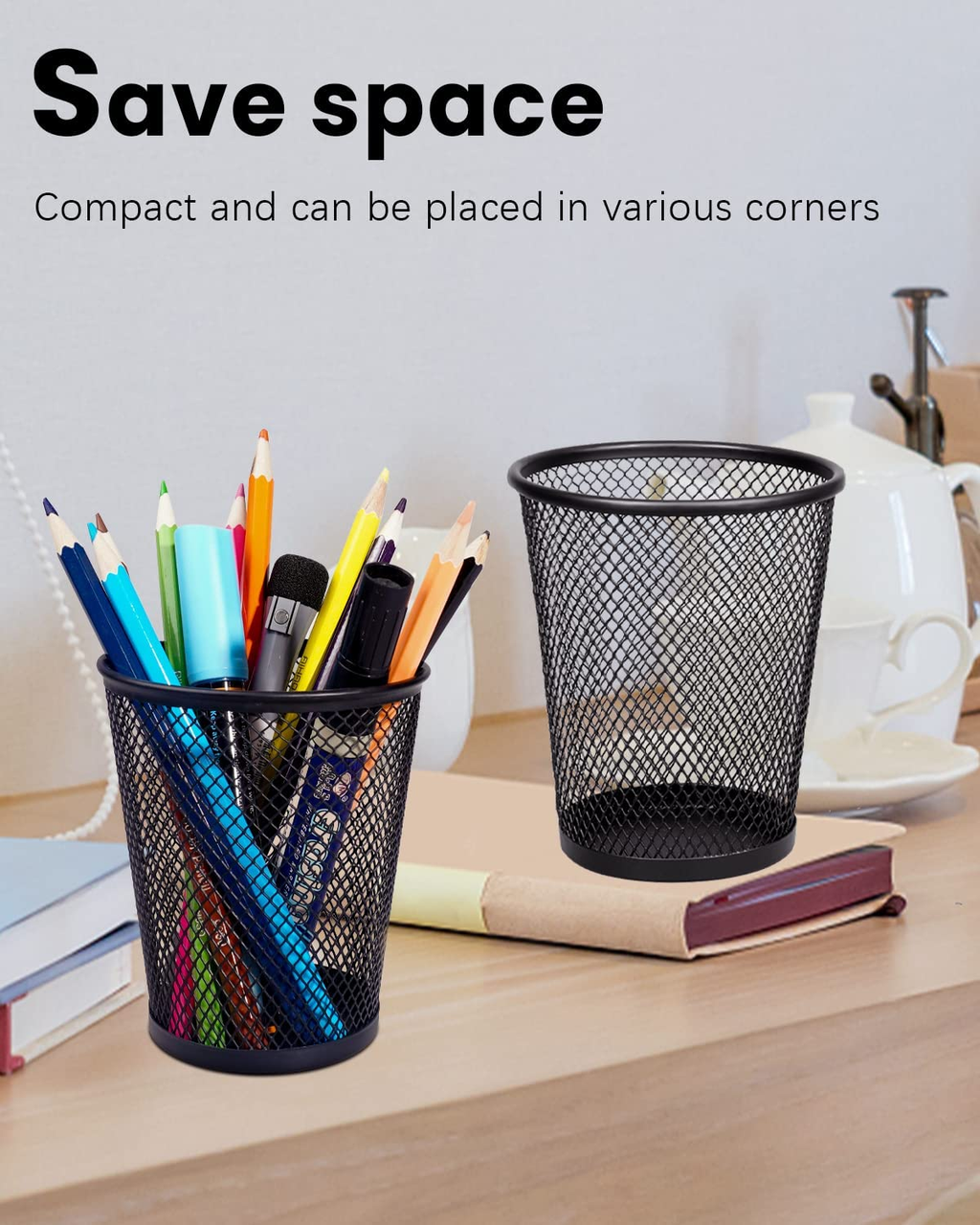 Metal Mesh Pencil Holder | Black Desk Organizer for Office, School & Home