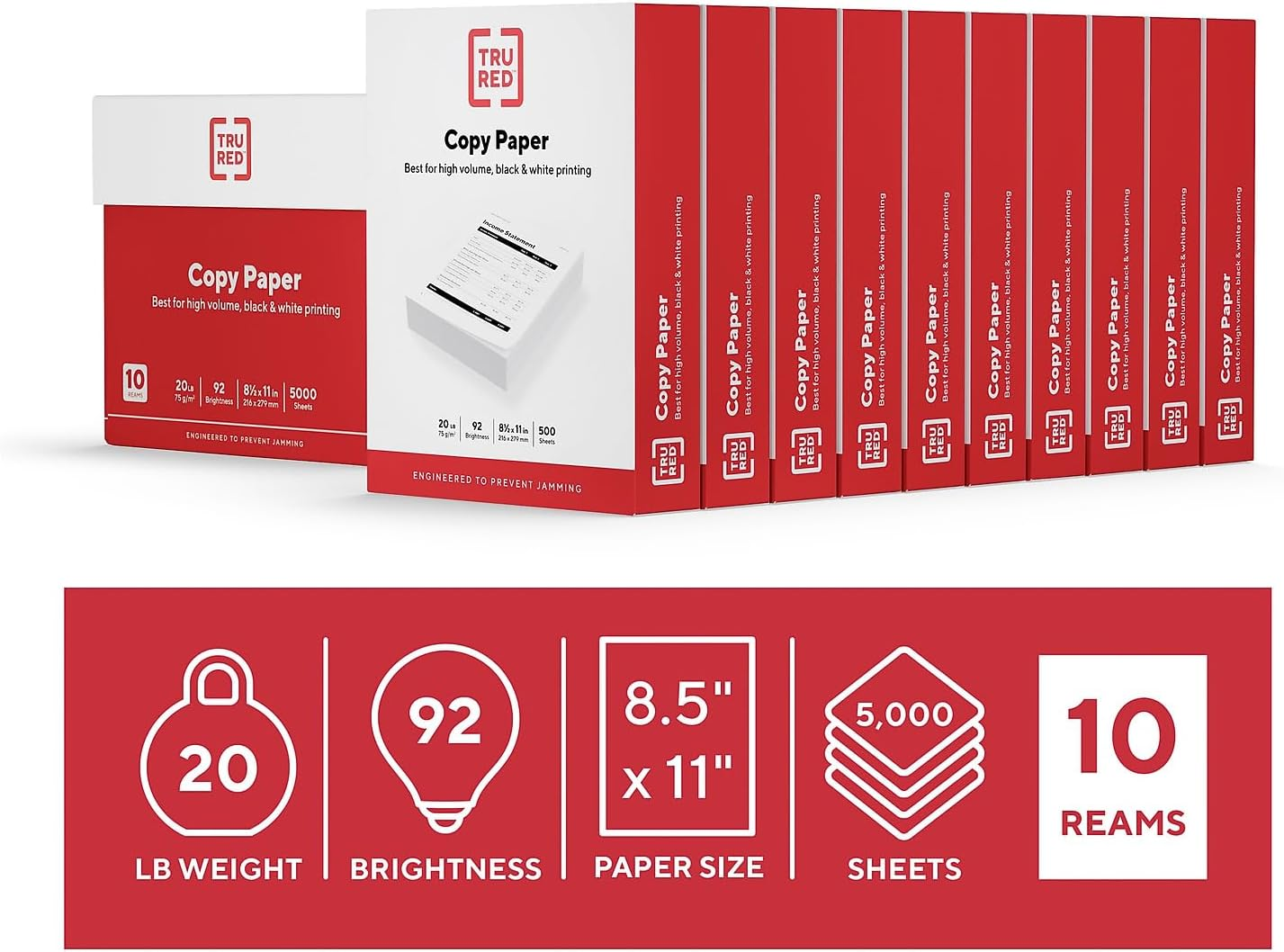 TRU RED 8.5 x 11 Copy Paper, 20 lb, 92 Brightness, 5000 Sheets per Carton for Office, School, and Home Use