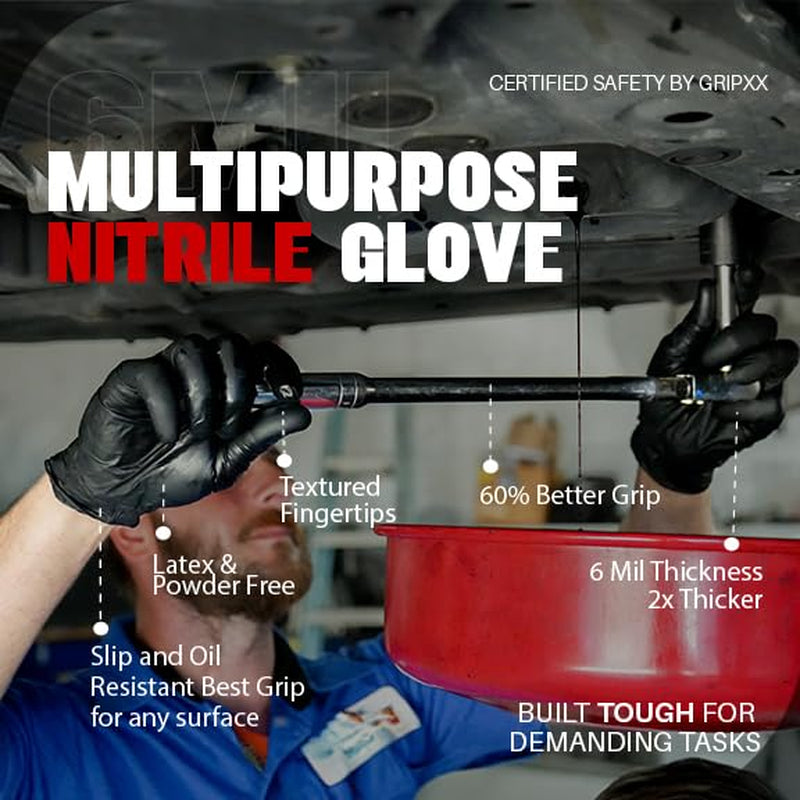 Heavy Duty 6 Mil Black Nitrile Gloves - Disposable, Latex & Powder Free | Mechanic, Food Prep & Tattoo | Rubber Gloves for Cooking, Cleaning & Household | Pack of (100)
