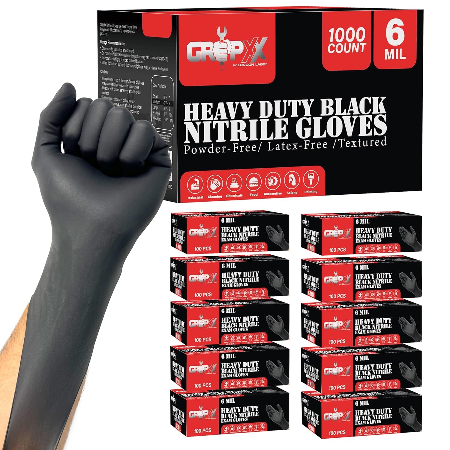 Heavy Duty 6 Mil Black Nitrile Gloves - Disposable, Latex & Powder Free | Mechanic, Food Prep & Tattoo | Rubber Gloves for Cooking, Cleaning & Household | Pack of (100)