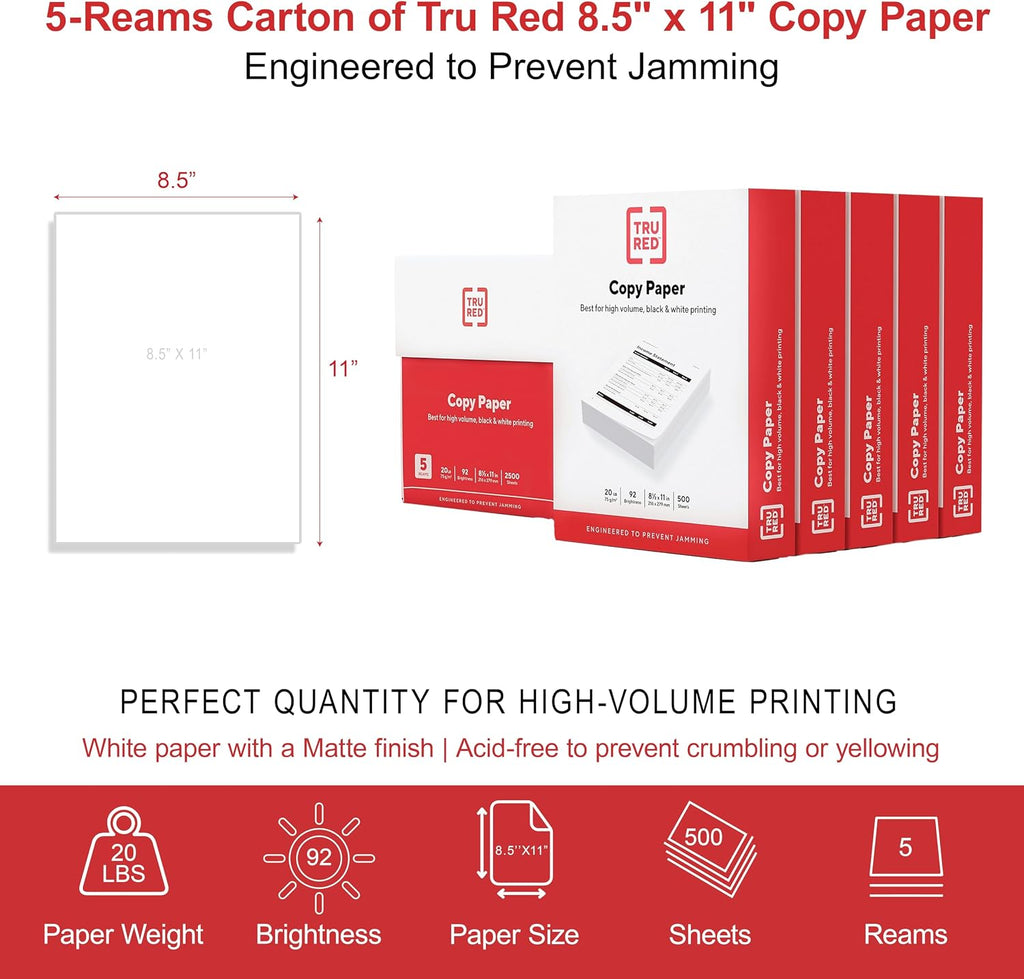 TRU RED Copy Paper, 8.5X11 Inch, 92 Brightness, 20 Lb., 500 Sheets/Ream
