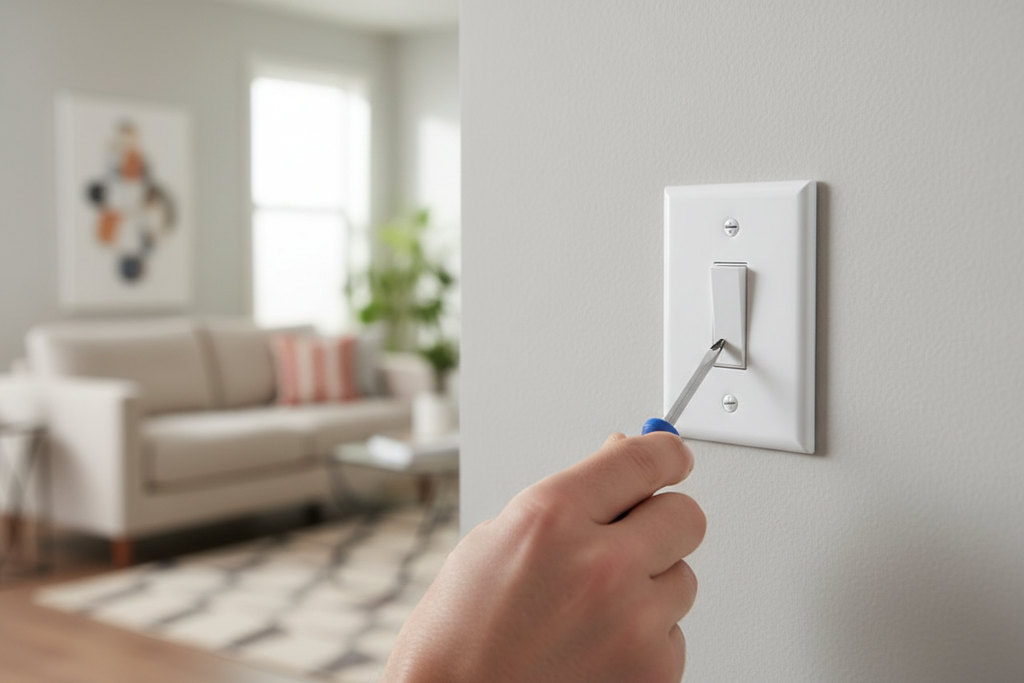 Person installing white oversized wall plate cover on a light switch in a modern home