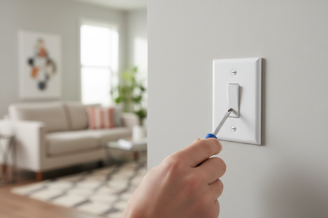 Person installing white oversized wall plate cover on a light switch in a modern home
